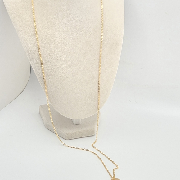 18K Gold Plated Brushed Disc Drop Necklace – Long 32” Chain - Picture 7 of 10